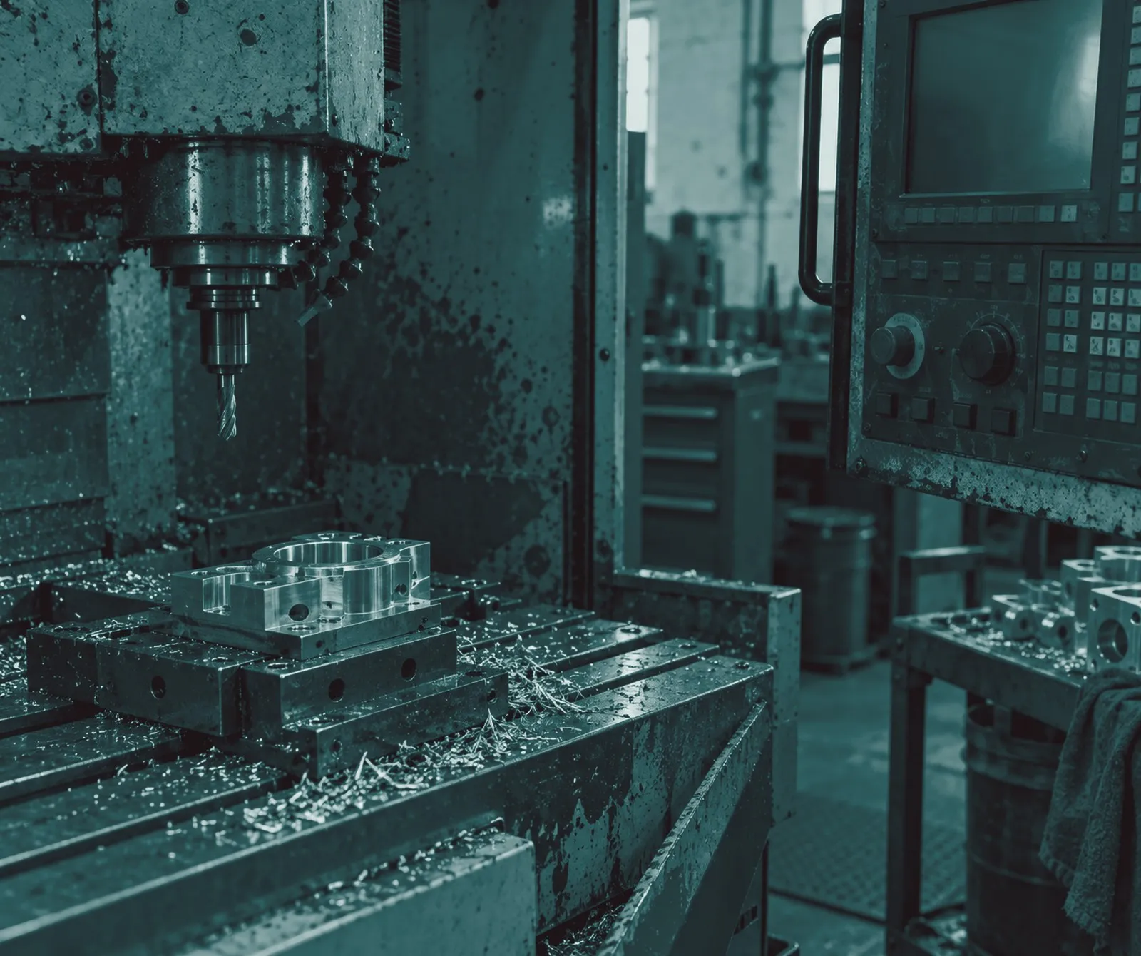 Centro de maquinado CNC con una pieza de aluminio en la mesa. Imagen ilustrativa.